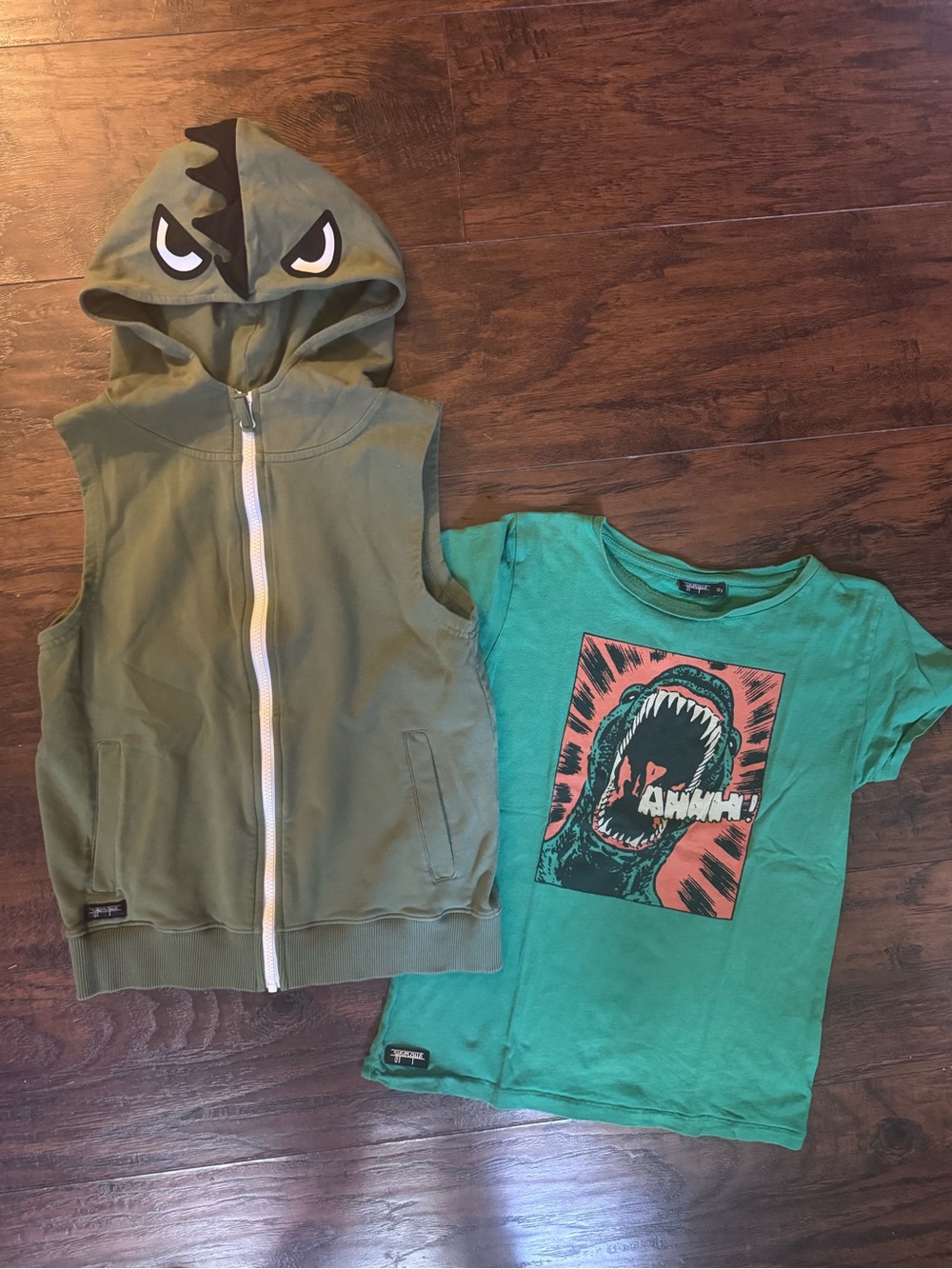 Kids Green Dino Hooded Vest and Shark Graphic Tee Set